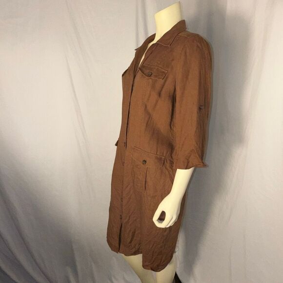 Vintage Maggy Linen Button-Front Utility Shirt Dress/Duster – Chestnut Brown, Si - Picture 8 of 13